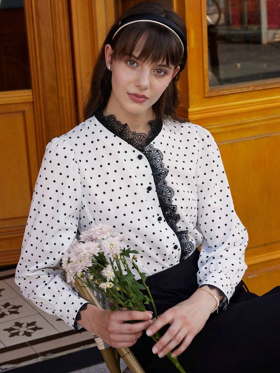 Simple Retro Women Polka Dot Lace High Neck Shirt - Black and White - View 1