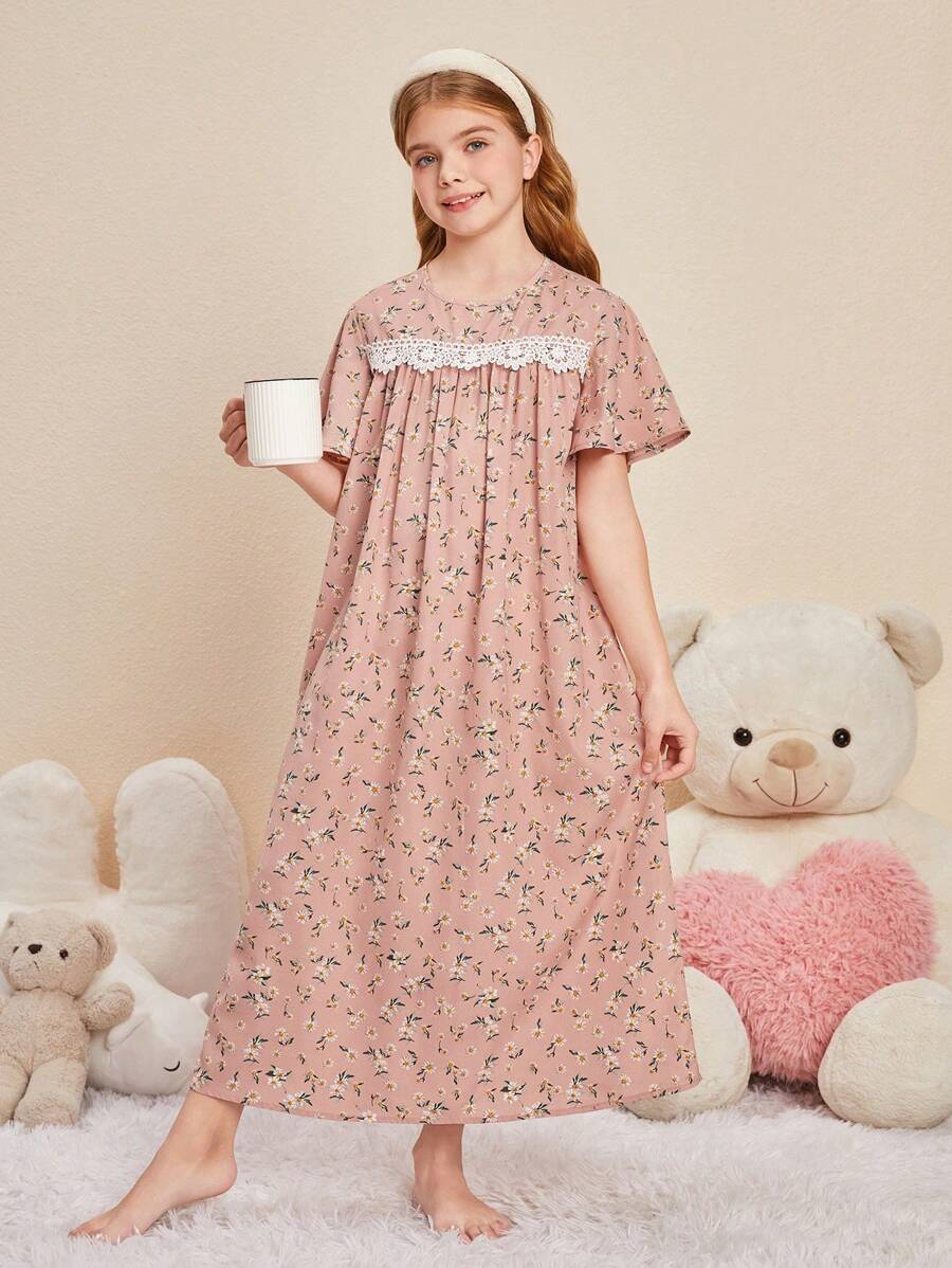 SHEIN 少女寬鬆可愛圓領套頭花卉印花長款睡裙,居家穿著,少女款 - 彩色 - 查看 1