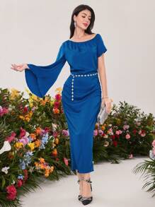 Modelyn 纯色圆领修身百褶连衣裙长款晚礼服 - 藍色 - 查看 6