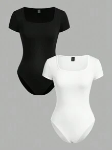 SHEIN EZwear 2pcs/Set Square Collar Short Sleeve Simple Casual Bodysuit For Women, Summer - Black and White - View 1