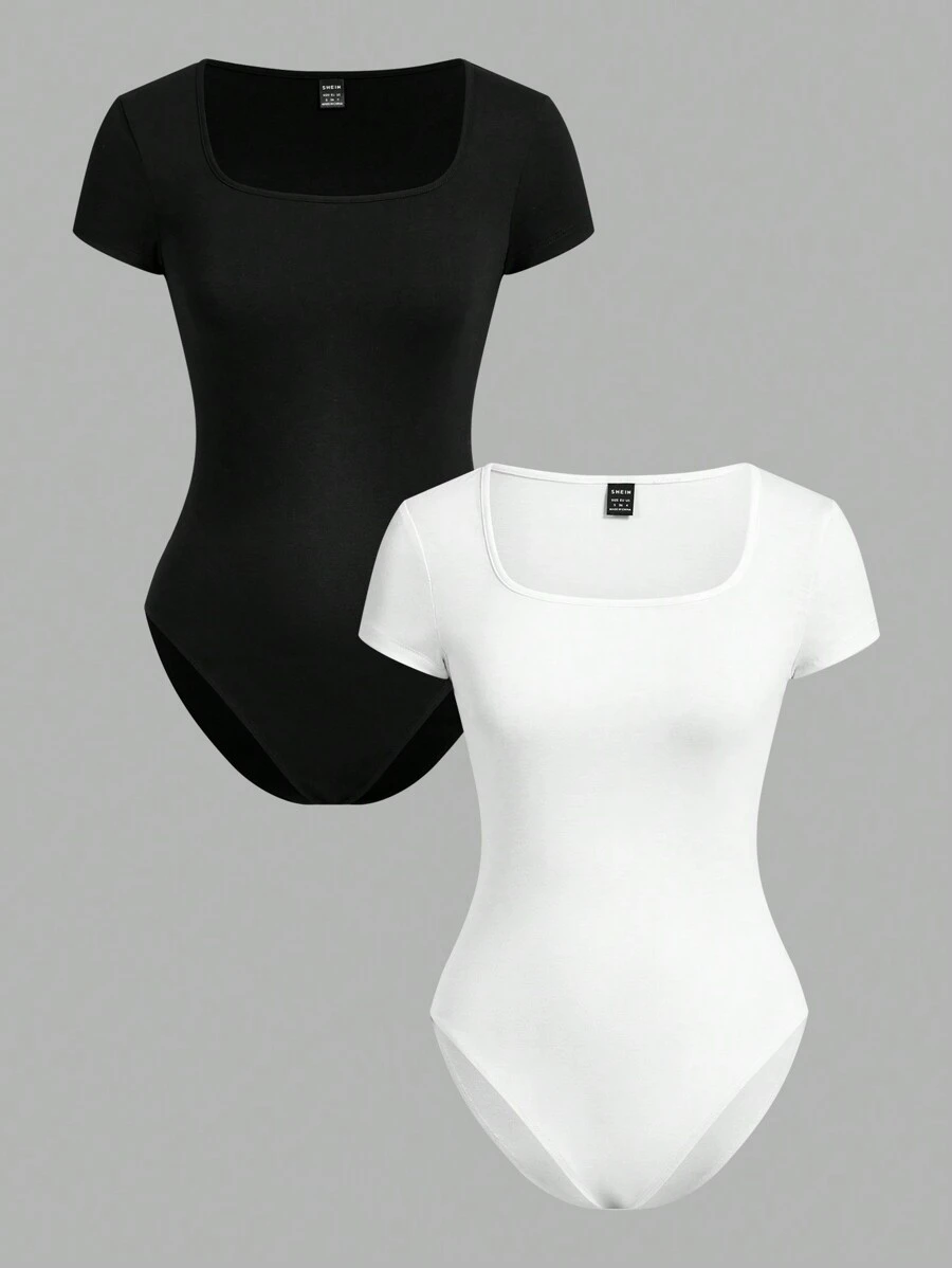SHEIN EZwear 2pcs/Set Square Collar Short Sleeve Simple Casual Bodysuit For Women, Summer - Black and White - View 1