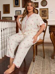 CottageSlumber Plus Size Floral Printed Short Sleeve Top And Pants Loose Pajama Set - Beige - View 1