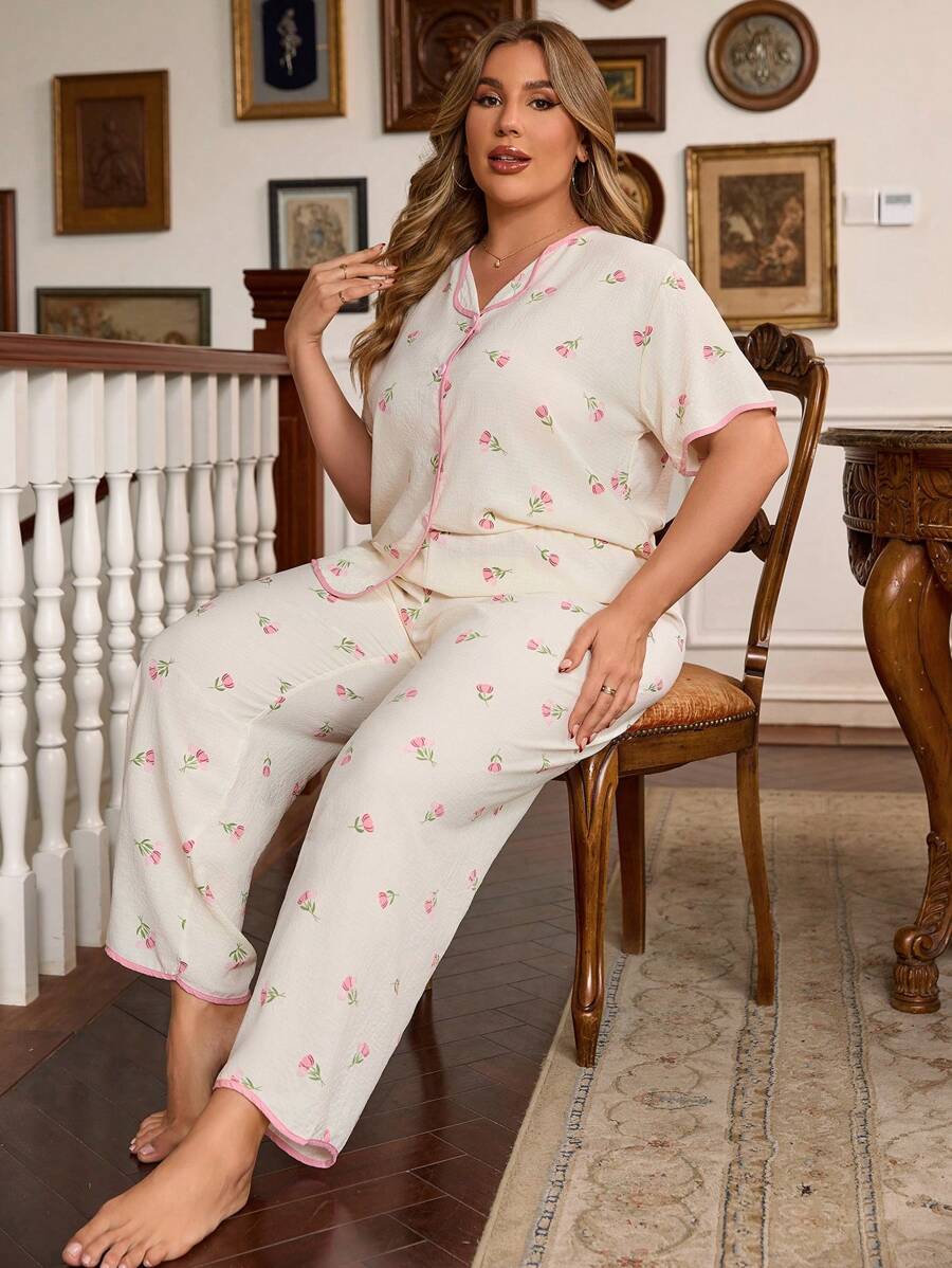 CottageSlumber Plus Size Floral Printed Short Sleeve Top And Pants Loose Pajama Set - Beige - View 1