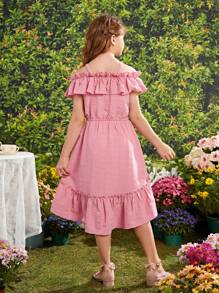 SHEIN Two Piece Set For Tween Girls Including Off-Shoulder Ruffle Detail Top And Asymmetrical Skirt - Pink - View 2