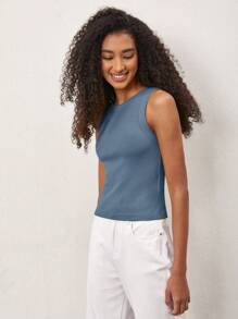 SHEIN BASICS Của phụ nữ Màu thuần Vòng cổ Sọc Áo ba lỗ - Màu xanh nhạt - Xem 11