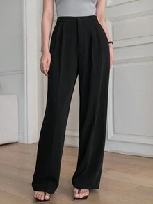 DAZY Solid Color Straight Leg Pants Pockets Women's Suit Pants - Black - View 5