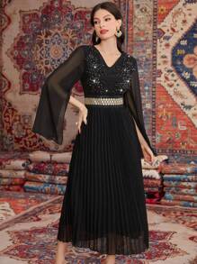 Modelyn Long Sleeve Dress With Rhinestone Decoration, Split Front And Pleated Hem - Black - View 6