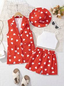 SHEIN 4入組青少女心形印花休閒服套裝 - 紅色 - 查看 1