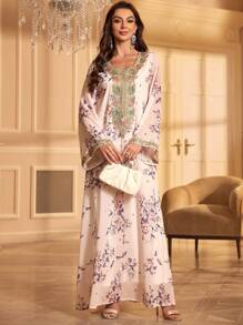 Floral Applique Chiffon Abaya Dress