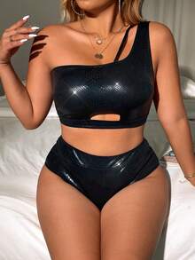 SHEIN Swim Curve 大码女式亮面单肩比基尼套装夏季海滩 - 黑色 - 查看 4