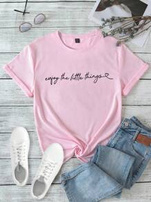 SHEIN Essnce 標語與心形印花短袖t恤 - 粉色 - 查看 1