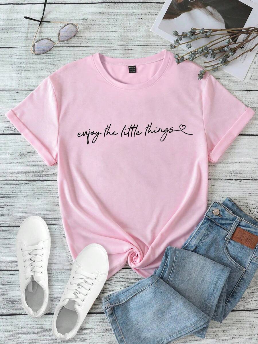 SHEIN Essnce 標語與心形印花短袖t恤 - 粉色 - 查看 1