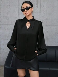 Aveloria Modichic 纯色镂空纽扣长袖衬衫优雅商务休闲女士长袖上衣 - 黑色 - 查看 5