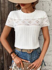 SHEIN Frenchy Chèn Lace Ngắn tay Áo thun - trắng - Xem 4