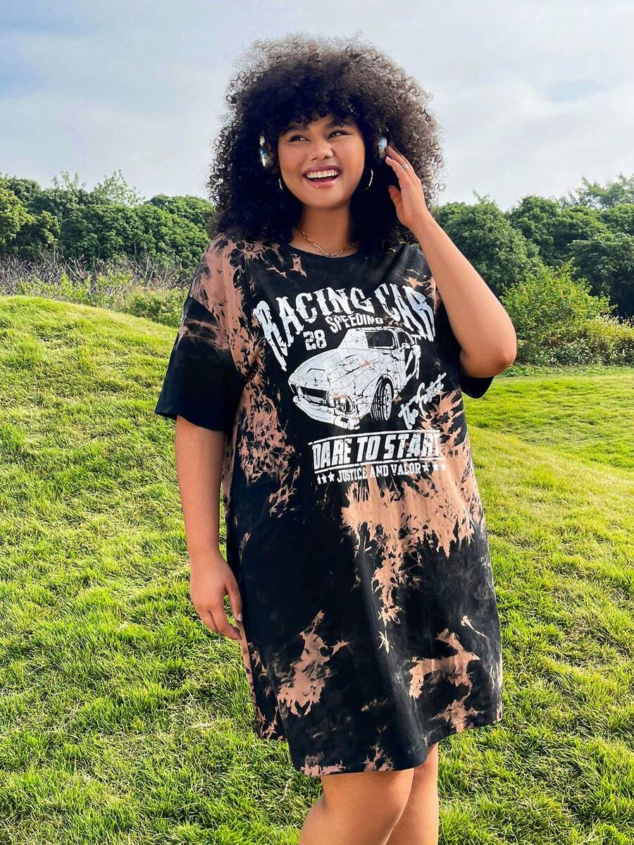 SHEIN EZwear Plus Size Multi-Color Tie Dye Loose Fit Dress (Random Dye) - Multicolor - View 1