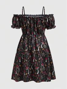 Dibya 女士蘑菇印花露肩短袖連衣裙 - 黑色 - 查看 2