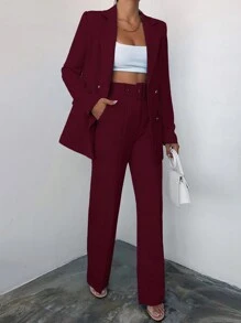 EURMUSE Women's Solid Color Notched Collar Blazer And Pants Suit Set With Belt - Burgundy - View 4