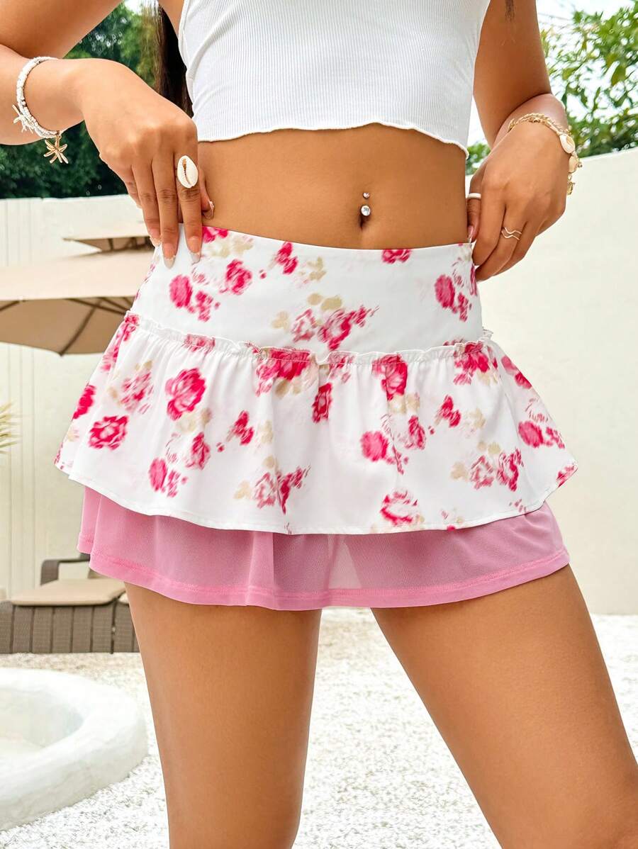 Soleia Women's Floral Printed Mesh Contrast Skirt - Multicolor - View 1