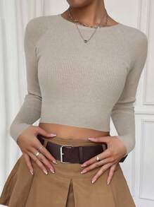 SHEIN Essnce Raglan Sleeve Crop Jumper - Mocha Brown - View 1
