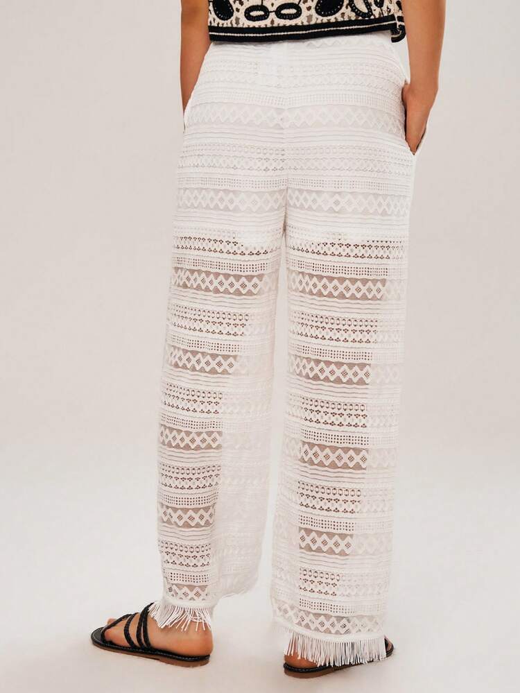 Vacation Solid Color Lace Detail Straight Leg Pants
