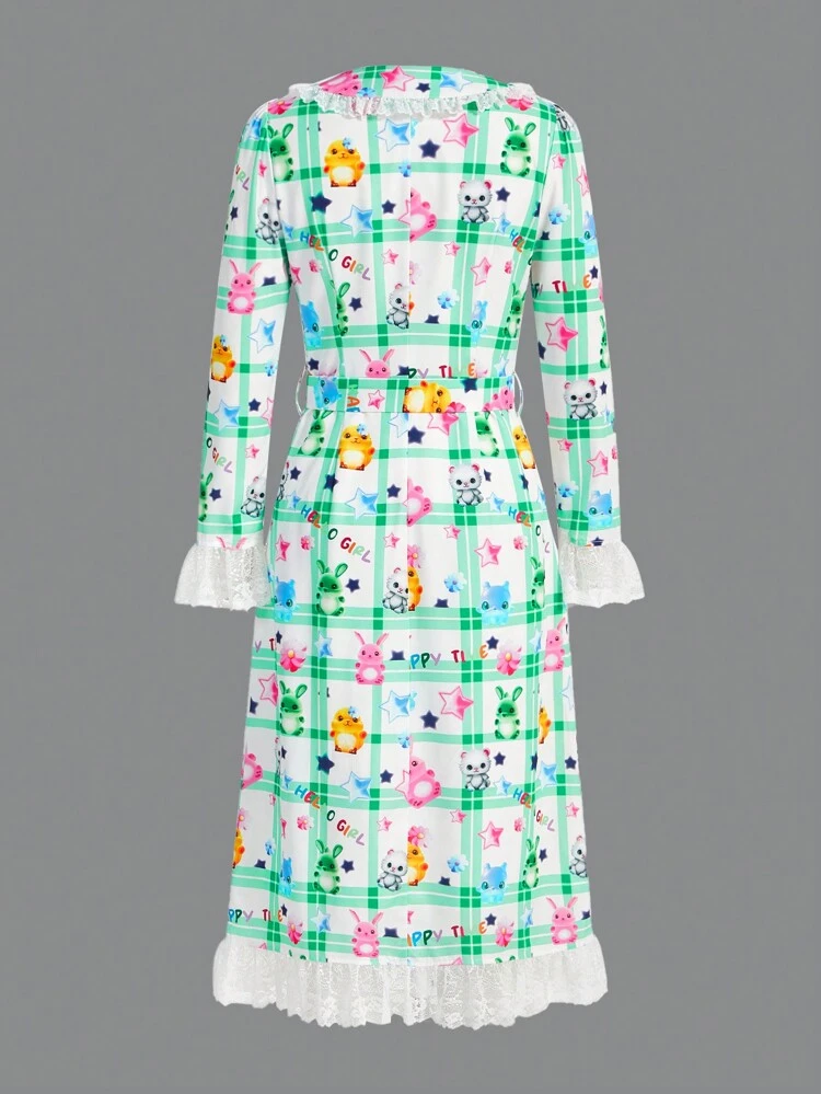 Kidcore Dopamine Printed Plaid Lace Trim Peter Pan Collar Adjustable Animal Print Cat Dress Waistband Dress Ruffle Dress Dress With Sleeves Summer Dress Summer Dress