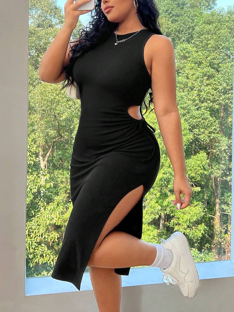 SHEIN EZwear Plus Size Hollow Out Split Bodycon Dress - Black - View 1