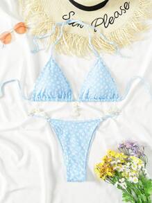 SHEIN Swim 夏季女士碎花露背比基尼套装婚礼 - 藍白色 - 查看 1