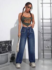SHEIN EZwear Của phụ nữ Chân thẳng Eo cao Quần jean Với Frayed Hem - Rửa tối - Xem 4