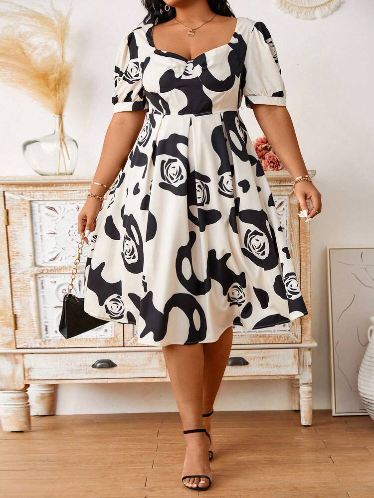 Plus Size Women's Floral Printed Puff Sleeve Dress With Sweetheart Neckline
