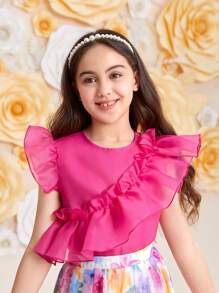 SHEIN Tween Girls' Loose Fit Casual Ruffled Neck Top And Skirt Set - White - View 5