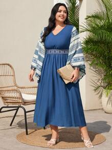 Mulvari 大尺碼女性幾何圖案鐘袖腰帶連衣裙