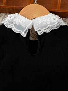 SHEIN Young Girl's Embroidery Stylish Mesh Puff Short Sleeve T-Shirt With Contrast Colors