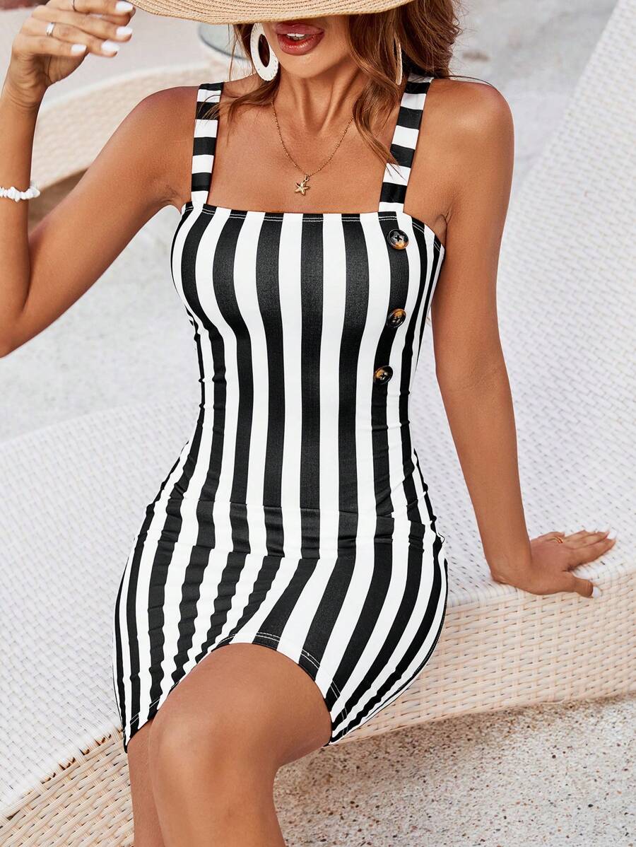 SHEIN VCAY Bãi biển mùa hè Của phụ nữ Sọc Ôm sát hông Kỳ nghỉ Đầm - Đen và trắng - Xem 1