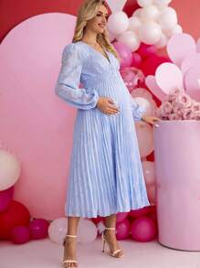 SHEIN Maternity Elegant & Romantic Long Sleeve Midi Dress With V-Neck For Party - Blue - View 4