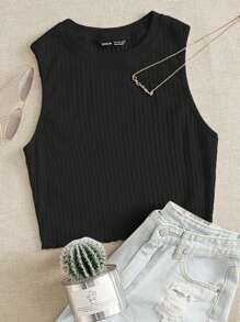 SHEIN EZwear 生菜邊羅紋針織背心上衣 - 黑色 - 查看 6
