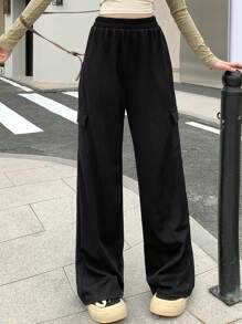 Dazy Designer 女式松紧腰翻盖口袋和侧条纹长裤，女式慢跑裤 - 黑色 - 查看 5