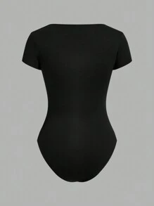 SHEIN EZwear 2pcs/Set Square Collar Short Sleeve Simple Casual Bodysuit For Women, Summer - Black and White - View 8