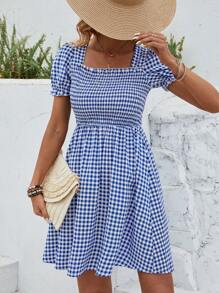 SHEIN LUNE Vestido A Cuadros Para Mujer Con Escote Cuadrado - Azul y blanco - Ver 5