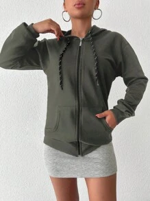 SHEIN Cottnline Sudadera Con Capucha De Cuello Caído Y Cordón De Color Sólido Para Mujer - Caqui - Ver 4