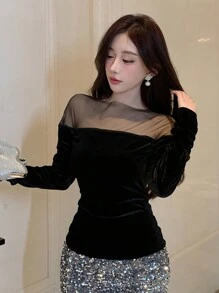 DAZY 女士网纱长袖衬衫/T恤外出上衣，新年夜，秋季女装嘉年华 - 黑色 - 查看 3