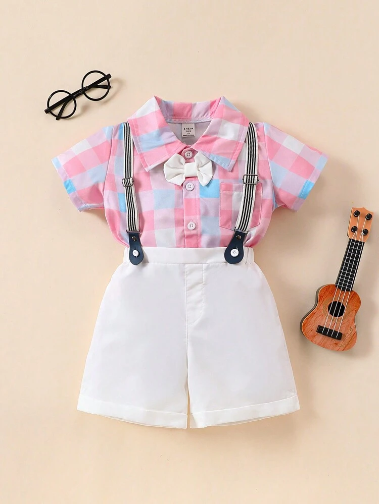 Young Boy's Plaid Short Sleeve Shirt & Suspenders Shorts Gentleman Outfit