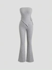 Sweetra Conjunto de parte superior sin tirantes con dobladillo asimétrico y pantalones para mujer - Mono acanalado gris de punto para invierno - Gris - Ver 1