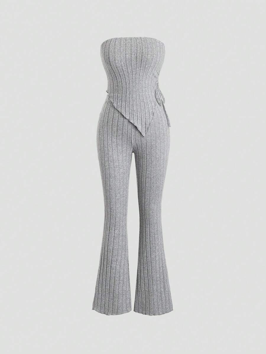 Sweetra Conjunto de parte superior sin tirantes con dobladillo asimétrico y pantalones para mujer - Mono acanalado gris de punto para invierno - Gris - Ver 1