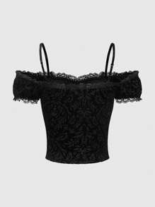 ROMWE Goth Mô hình hoa Nhung Dệt hoa Áo thun Với Vai rỗng Chi tiết Đối với phụ nữ - màu đen - Xem 2