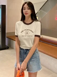 DAZY Women's Colorblock Letter Printed T-Shirt Preppy Tops - Apricot - View 3