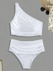SHEIN Swim Carnaval De Bikini Monocromático Sin Mangas De Un Hombro Para Mujer - Blanco - Ver 4