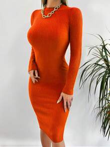 SHEIN Cottnline 女款純色修身毛衣連身裙 - 橘色 - 查看 3