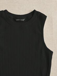 SHEIN EZwear 生菜邊羅紋針織背心上衣 - 黑色 - 查看 5