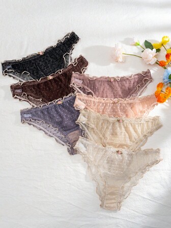 7pcs Women's Mesh Triangle Panties With Frilled Edges