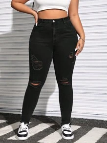 SHEIN EZwear 大尺碼純色破洞牛仔褲 - 黑色 - 查看 1